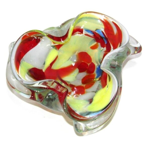 Handmade glass bowl, ashtray red, yellow, blue approx 5 1/2" across, 2" tall - Picture 1 of 3